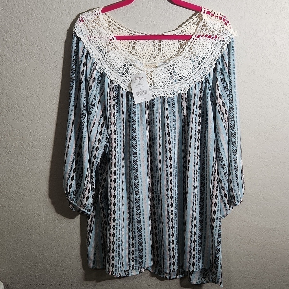 Eyelash Colture Blouse Womens Size 3X Western Boho Lace Crochet Blue NEW